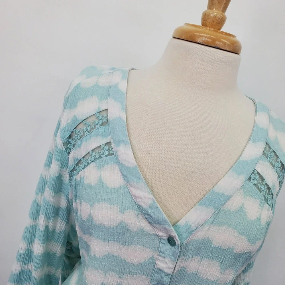 Lane Bryant Womens 26/28 Blue Aqua Tie-Dye Top Button Front Long Sleeve Blouse - Picture 5 of 14
